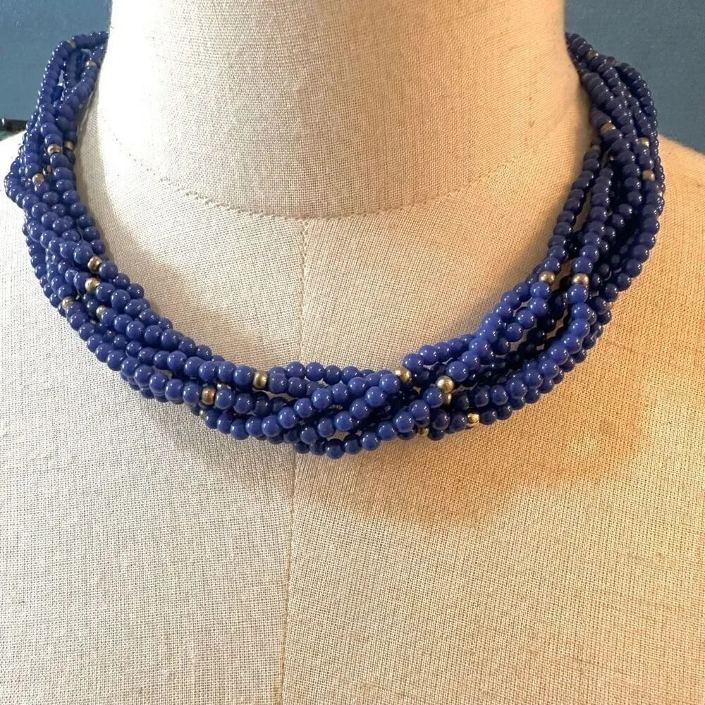 Blue and gold tone multi strand vintage necklace
